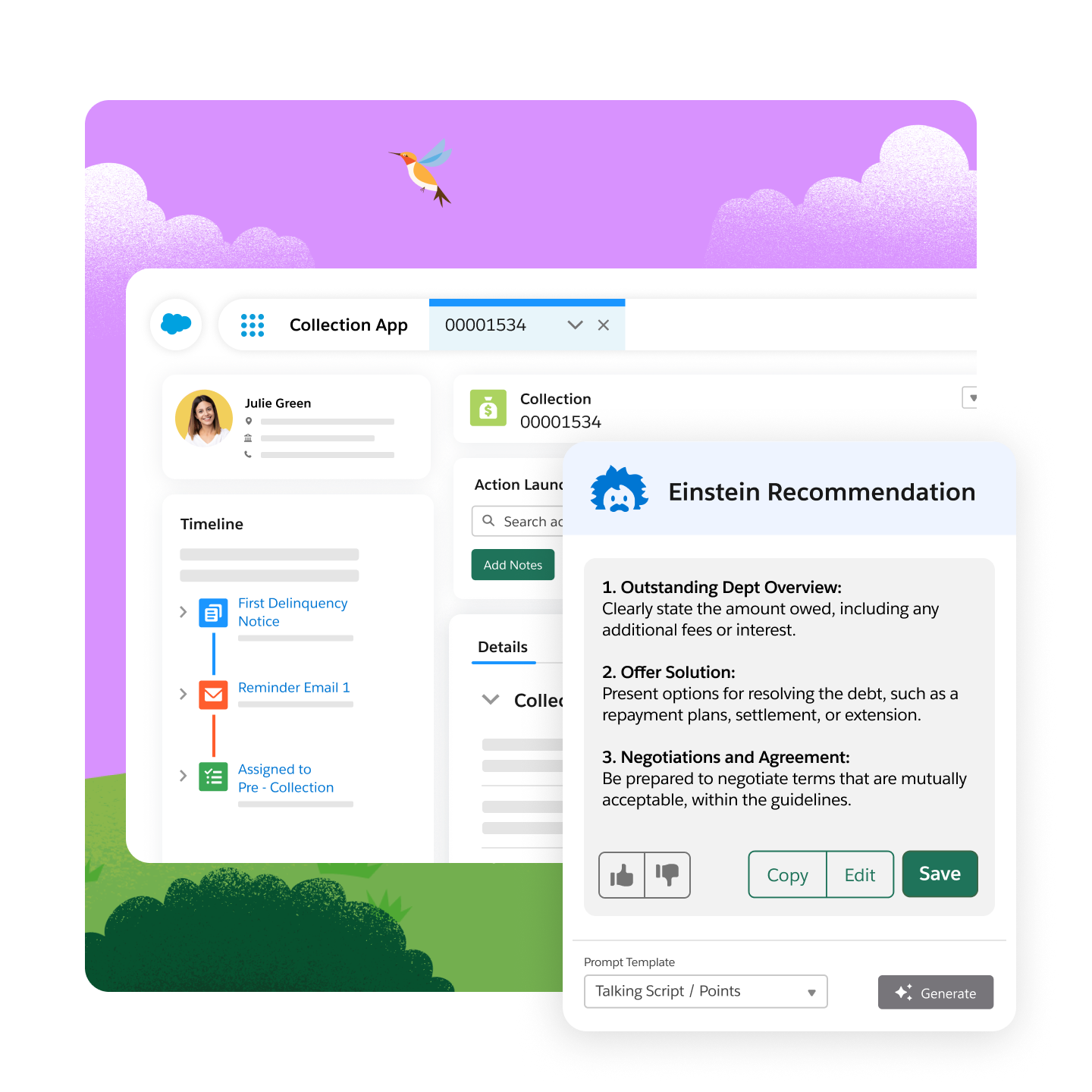 Desktop screen of a Collections App with profile for Julie Green and an Einstein Recommendations pop-up explaining next steps for a collections officer like offer a solution and negotiate an agreement.