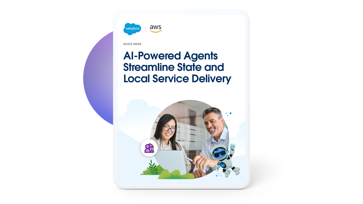 AI-Powered Agents Streamline State and Local Service Delivery. A man with a beard points at a laptop screen with a pen while a woman with glasses looks on. Agent Astro is in the bottom right, waving. The Salesforce Public Sector icon is also visible.