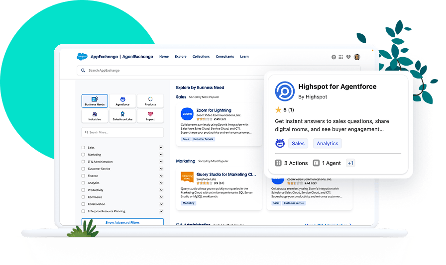 A laptop displaying a screen from AppExchange has accents of green plants and a light green circle framing it. 