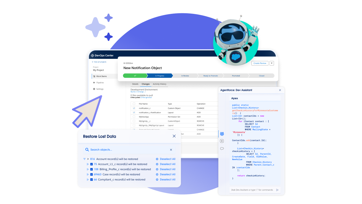 Salesforce user interface images, focusing on DevOps Center in the center, with pop-outs featuring DevOps Center, Agentforce for Developers, and Backup & Recover. A circle with Robot Astro waving is superimposed at the top, with a big cursor hovering over the left side.