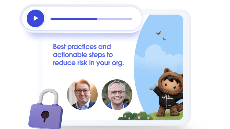 Salesforce user interface images, focusing on DevOps Center in the center, with pop-outs featuring DevOps Center, Agentforce for Developers, and Backup & Recover. A circle with Robot Astro waving is superimposed at the top, with a big cursor hovering over the left side.
