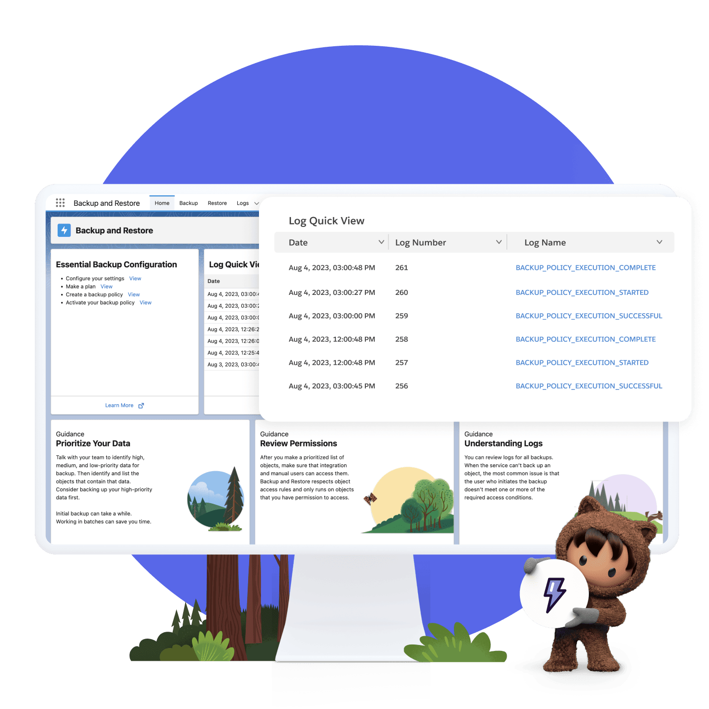Graphic showing the Backup and Restore UI screenshot from the demo. Features Astro holding a Salesforce Platform symbol.