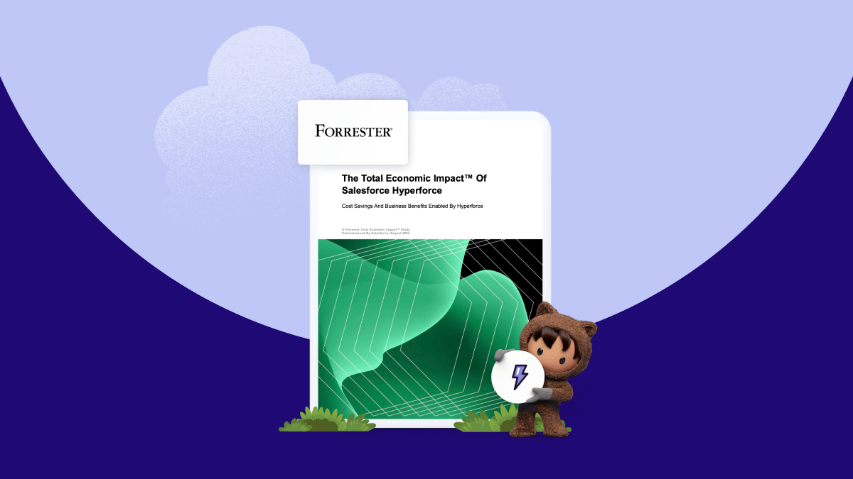 Astro standing in front of the Forrester report that reads "The Total Economic Impact of Salesforce Hyperforce"