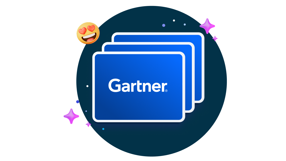 Three blue rectangles stacked on top of one another with Gartner written on the outermost, with star emojis, heart-eyes emoji, and a trophy emoji outside.