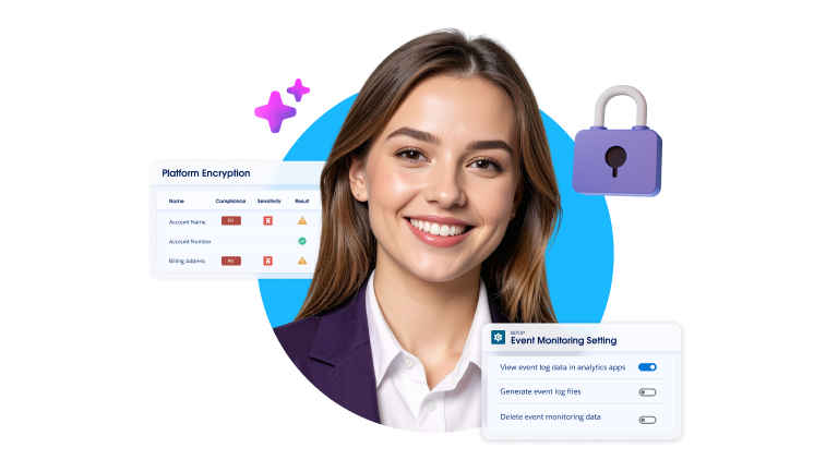 Image of woman and Salesforce data loss prevention tools.