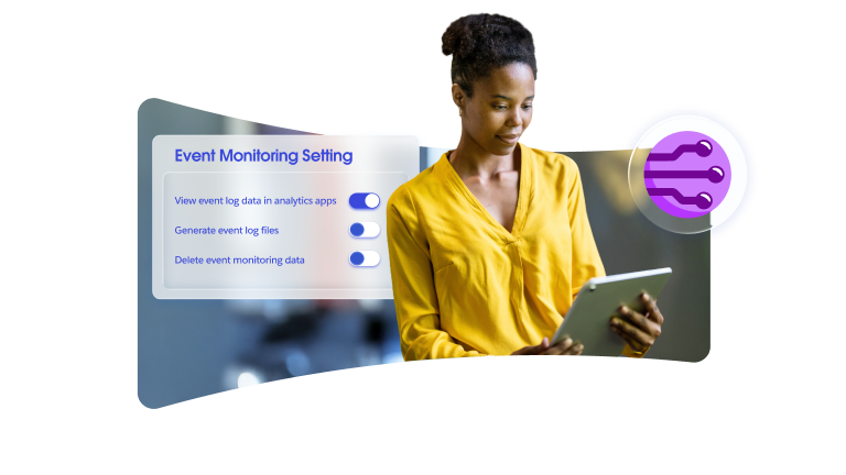 Image of woman looking at tablet with a popup screen that reads Event Monitoring Setting.