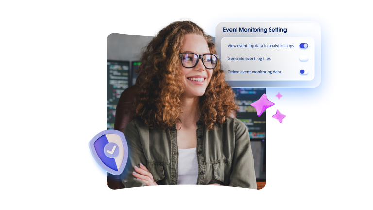 A woman smiling at a screen that reads "Event Monitoring Setting".