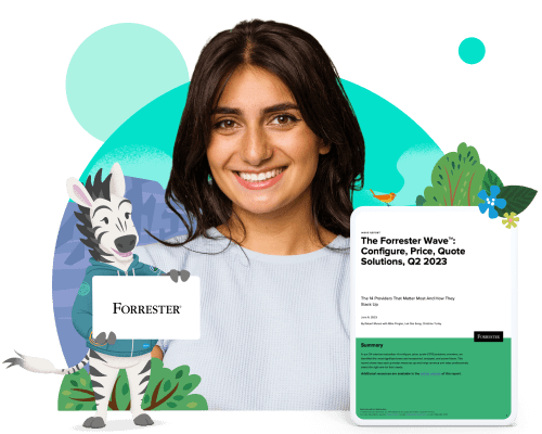 A preview of the cover for the The Forrester Wave™: Configure, Price, Quote Solutions, Q2 2023 report.