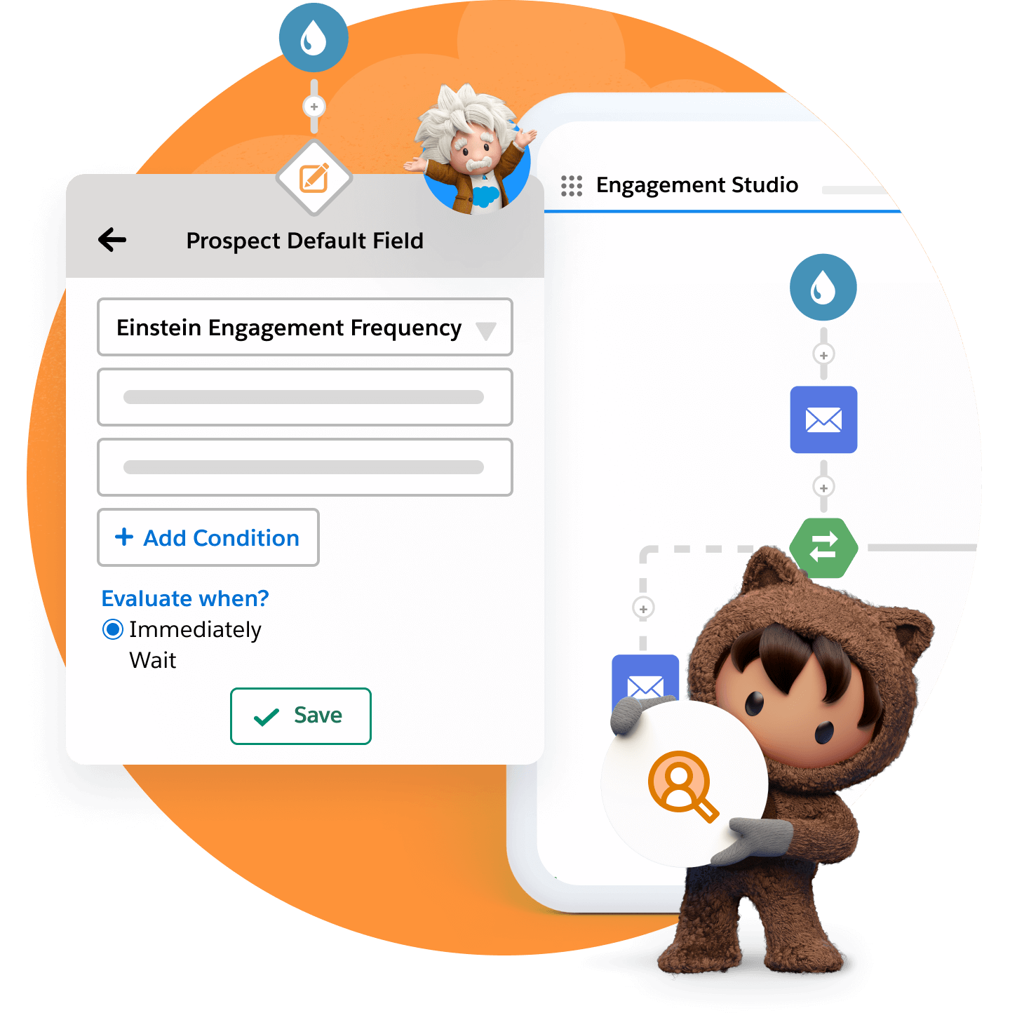 Astro holds a Marketing icon while standing in front of a customer journey flow in Engagement Studio