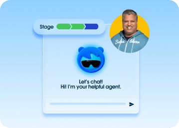 A man and an AI agent converse in a chat window. A progress bar is labeled "Stage."
