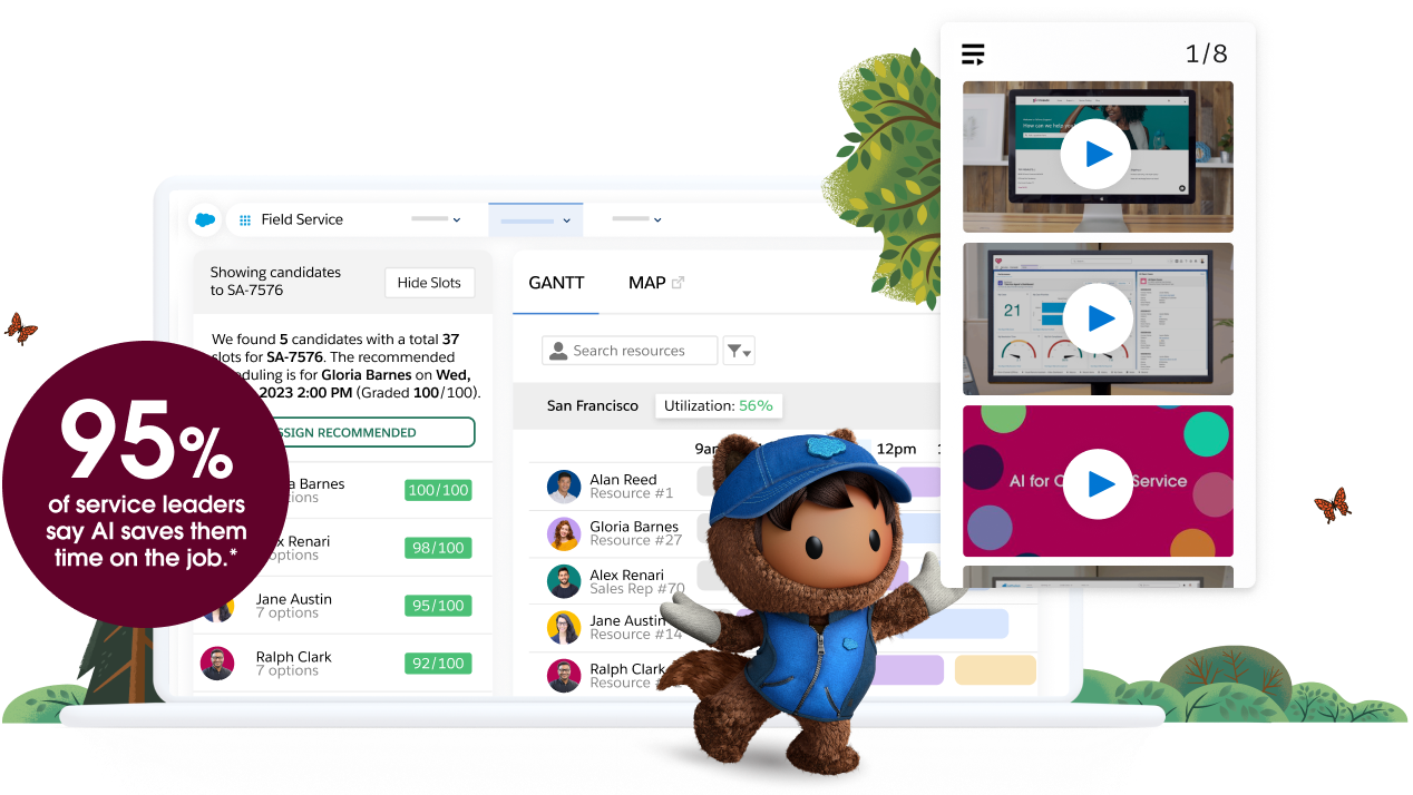 A seller home screen shows account charts, selling tasks, contact suggestions, and Einstein Score, and workflow pop ups.