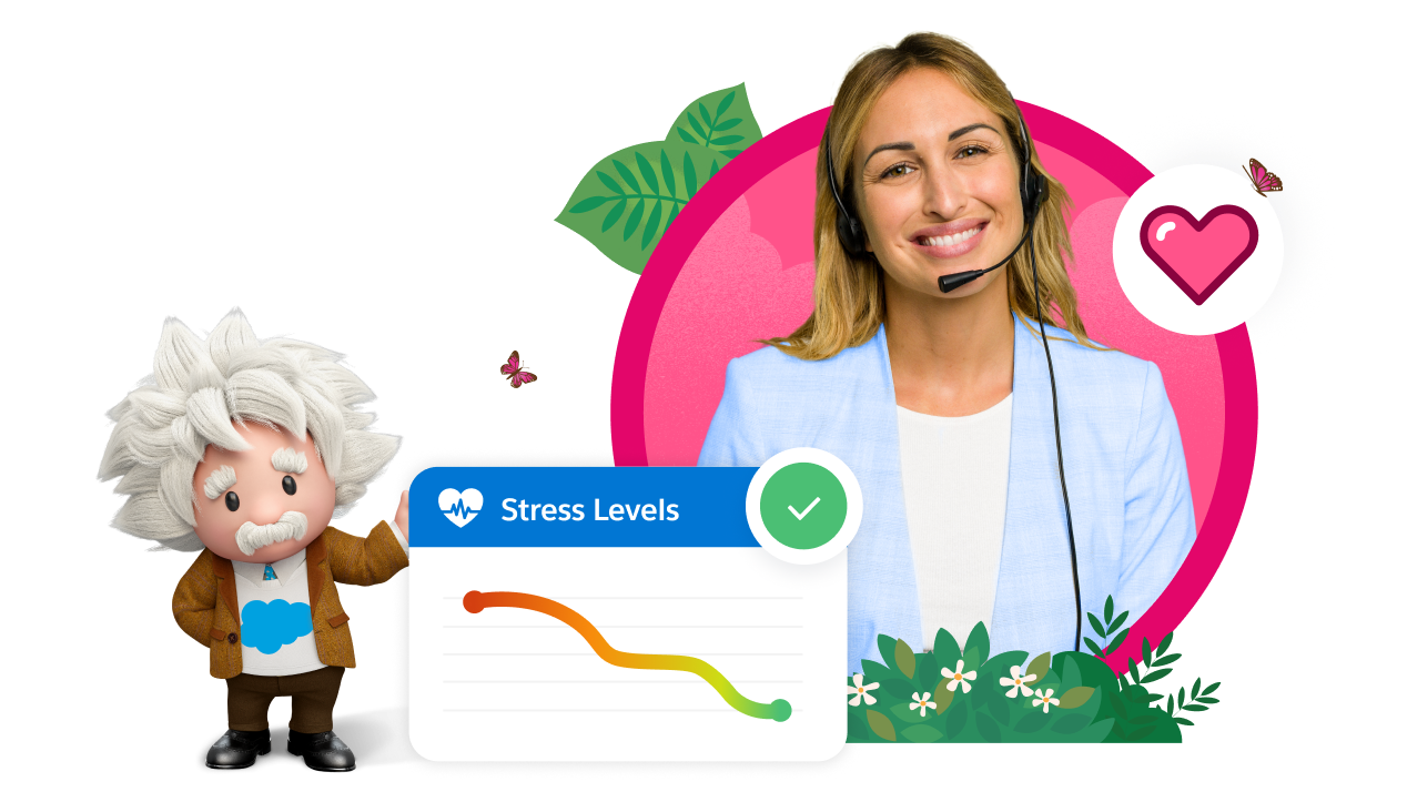 An agent smiles while Einstein presents a graph showing employee stress levels decreasing