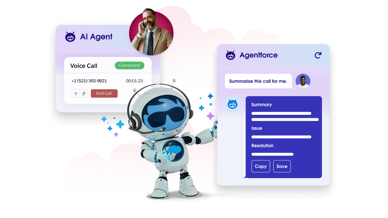 Agentforce summarising a support call for a service rep.