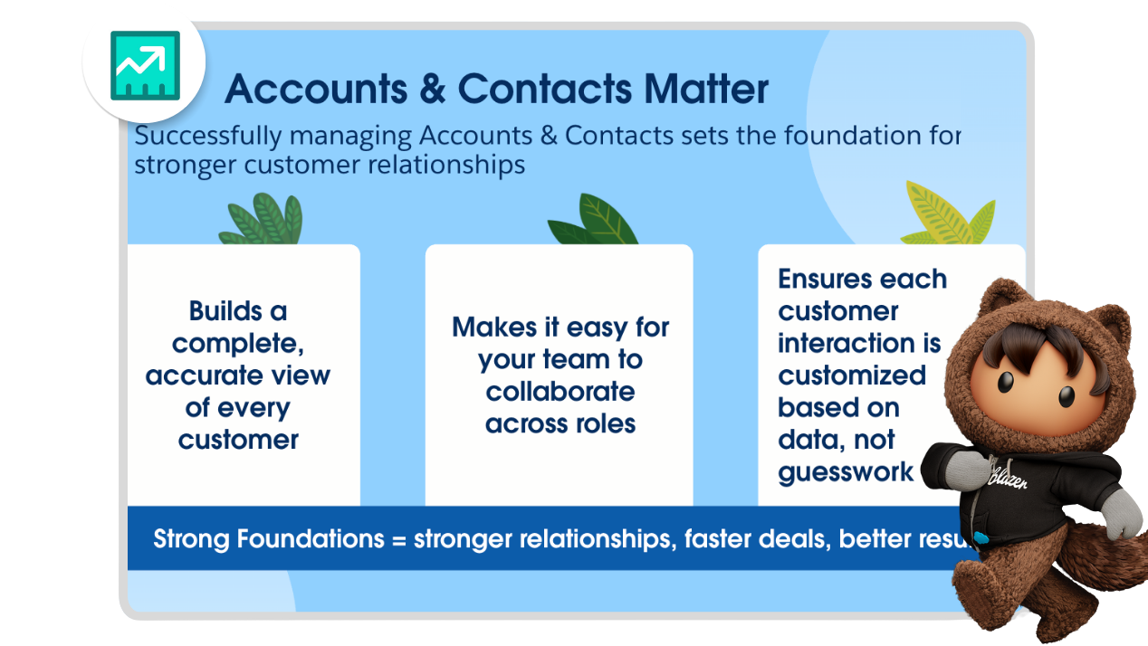An image showing how Accounts and Contacts are critical to building a strong foundation in Sales Cloud.