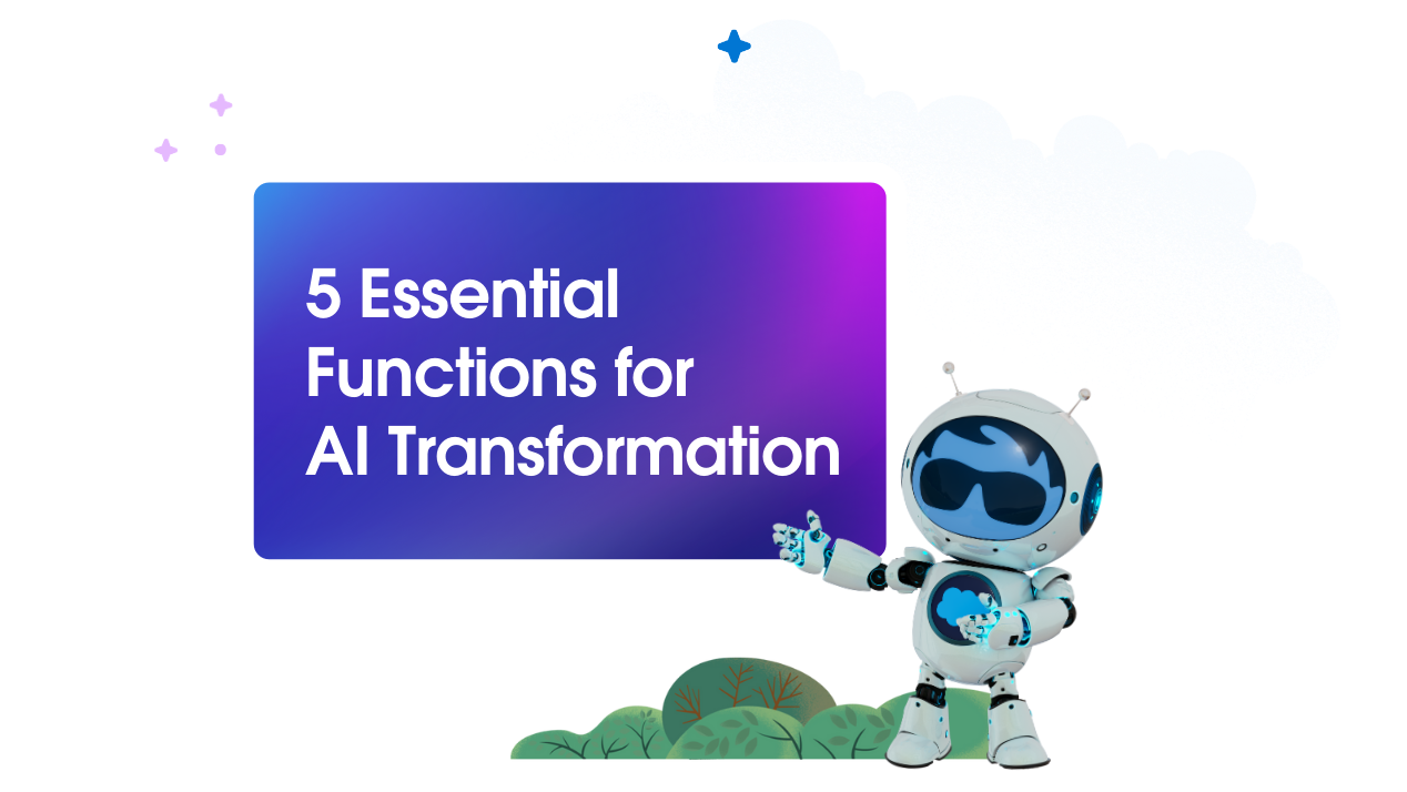 Astro pointing to a purple preview screen of "5 Essential Functions for AI Transformation"
