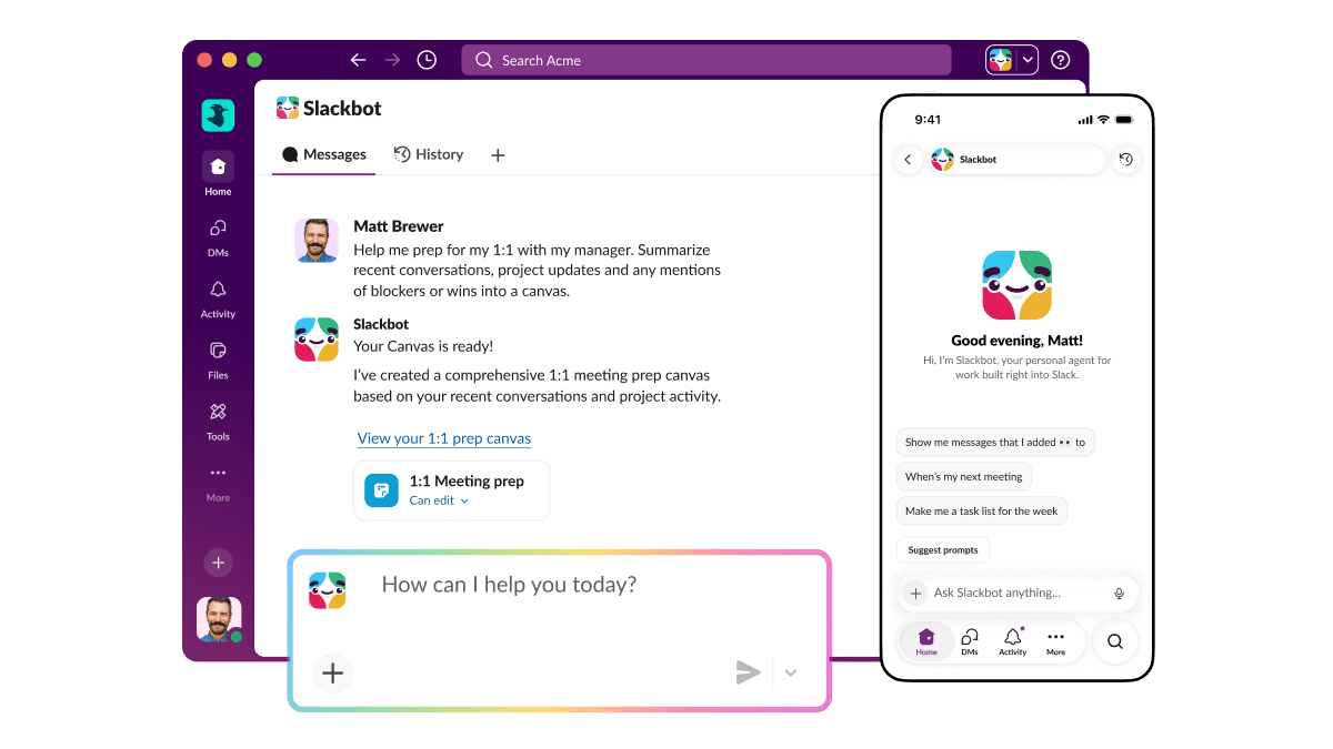 Slackbot asks how it can help and prepares a meeting prep canvas. 