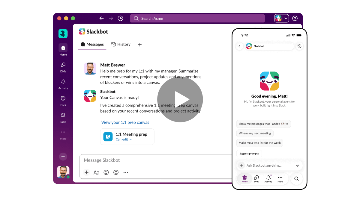 Slackbot asks how it can help and prepares a meeting prep canvas.