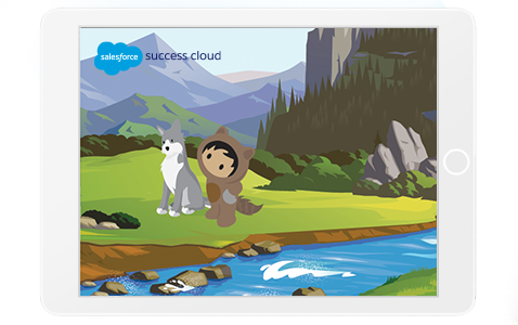 Salesforce characters in front of San Francisco skyline