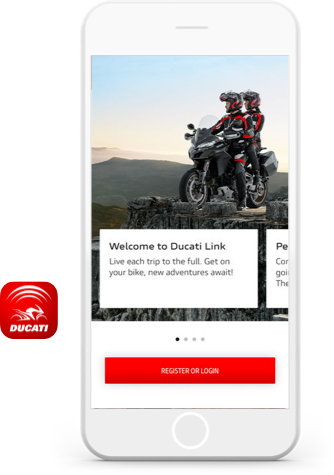 Ducati Motorcycles app built on Heroku, shown on iPhone screen, Ducati logo, and landscape with mountain ranges.