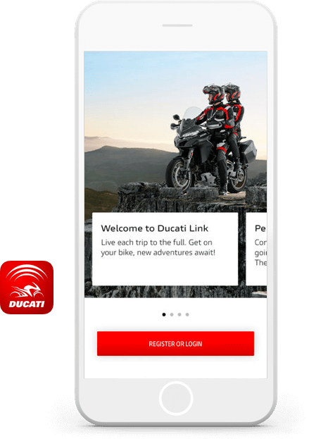 Ducati Motorcycles app built on Heroku, shown on iPhone screen, Ducati logo, and landscape with mountain ranges.