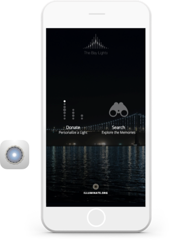 Illuminate app built on Heroku, shown on iPhone screen, Illuminate logo, and nighttime photo of the Oakland Bay Bridge with lights.
