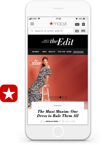 Macy's app built on Heroku, shown on iPhone screen, Macy's logo, and photo of model wearing a Macy's dress.