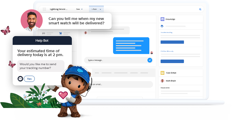 Astro, a Salesforce mascot with screenshots of Service Cloud