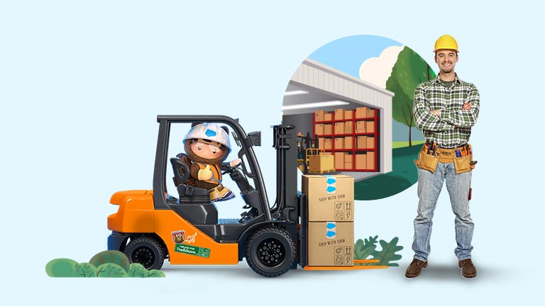 Astro moving a forklift toward a construction worker