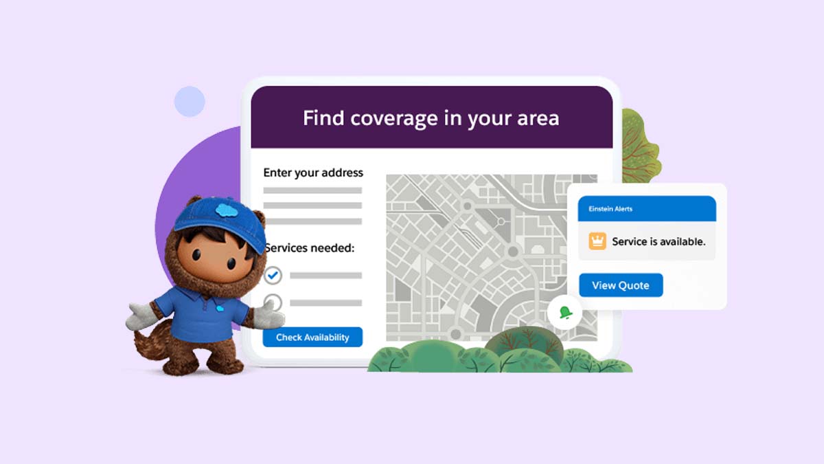 A depiction of an area coverage map, with Astro dressed as a field service worker in the foreground.