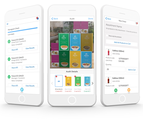 Tampilan UI Salesforce Consumer Goods Cloud untuk audit planogram, retail execution, dan order taking.