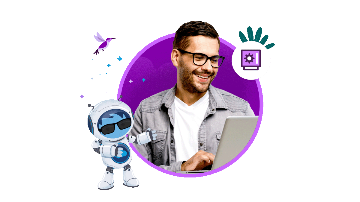 Image with Astro and a man working on a laptop 