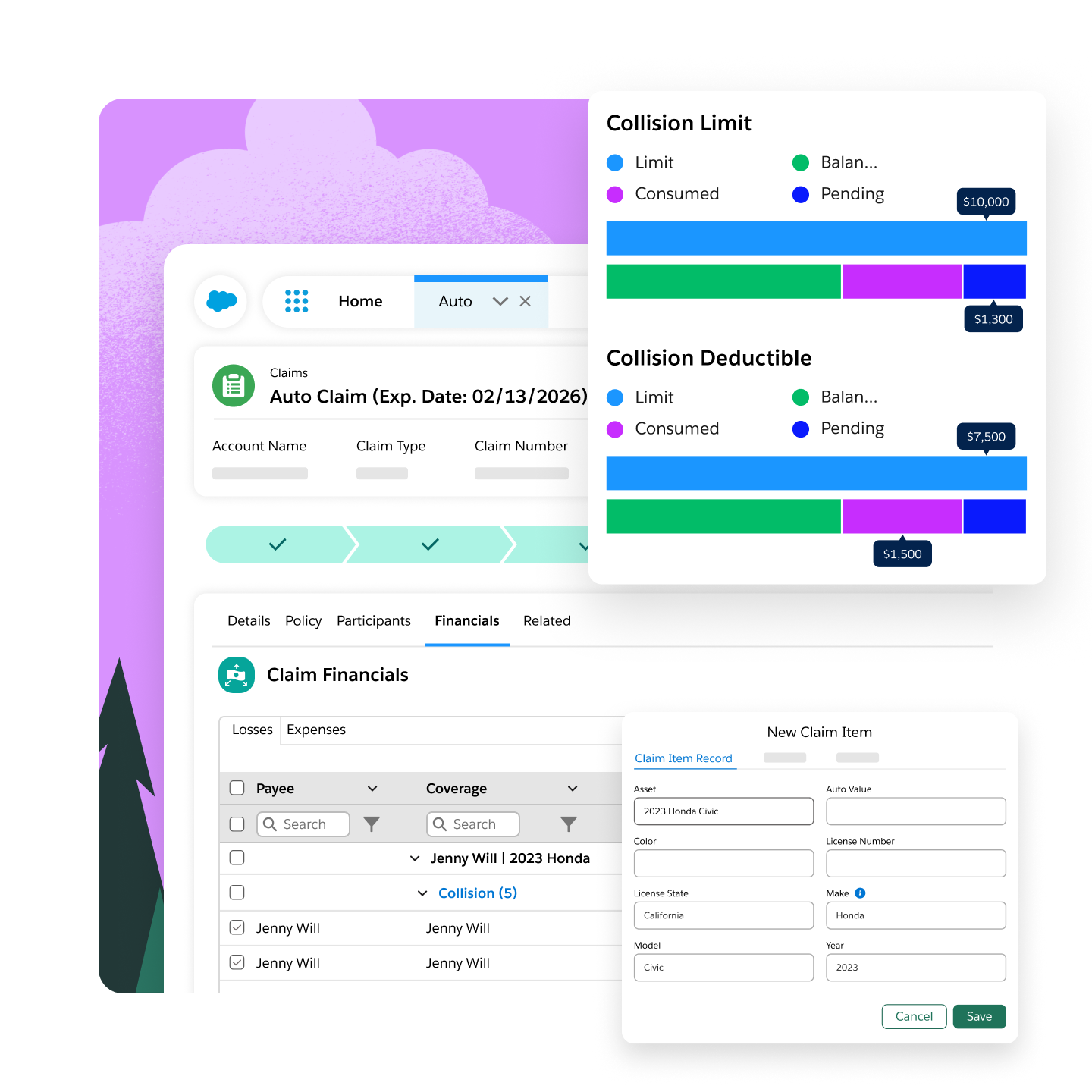 Automobile claims screen showing collision limit and deductibles with new claim item form opened and being filled in for a Honda Civic.