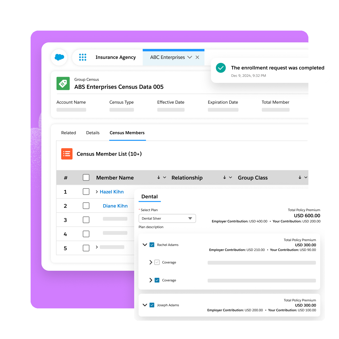 A screenshot of a computer displaying an enrollment request form for ABC Enterprises Insurance Agency. The form indicates the completion date, group census details, account information, and member contributions related to insurance coverage. It includes names, relationships, and premium amounts for members listed in the census.