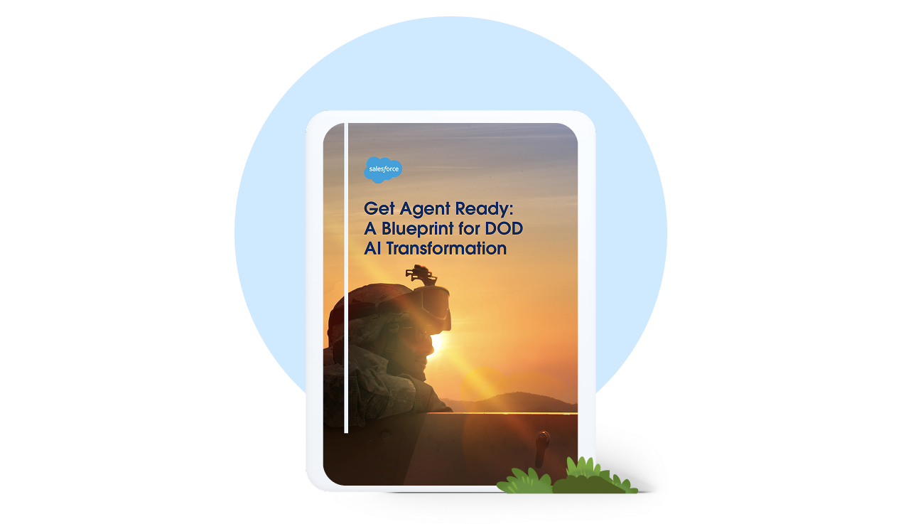 Cover of the white paper 'Get Agent Ready: A Blueprint for DOD AI Transformation' featuring a backlit soldier in combat uniform and gear, with the sun low on the horizon and hills in the background. The cover is displayed on a tablet mockup in front of a decorative light blue circle.