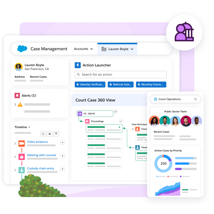 Case Management dashboard for Lauren Boyle, showing Court Case 360 View with details like Proceedings, Case Participants, Recent Cases, Video Evidence, Counsel Meetings, and Custody Chain Entries. Salesforce public sector icon at the top right. Mobile view displays Court operations.