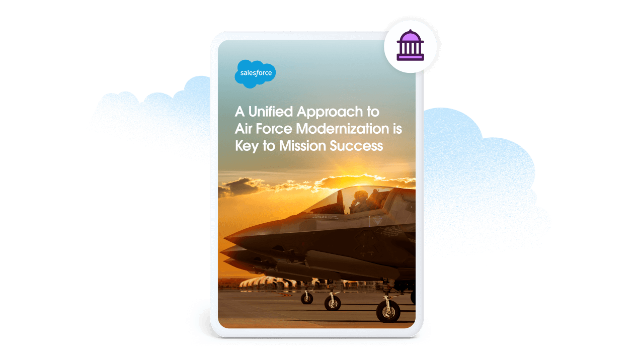 Cover of the white paper 'Modernizing the Air Force for Mission Success' featuring a fighter jet with the sun low on the horizon in the background. The cover is displayed on a tablet mockup in front of decorative light blue clouds.