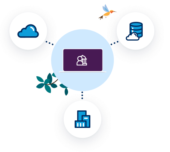 Iconos de la nube, de un centro de datos y de edificios alrededor de una computadora