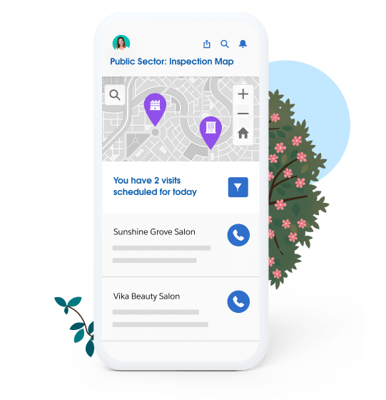 Teléfono móvil en el que se ve un mapa de inspección y una alerta de visitas programadas