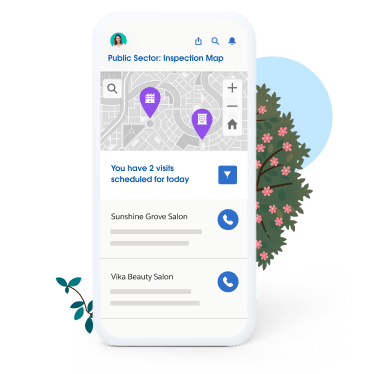 Public Sector: Inspection Map showing 2 scheduled visits for today to Sunshine Grove Salon and Vika Beauty Salon and their locations on a map