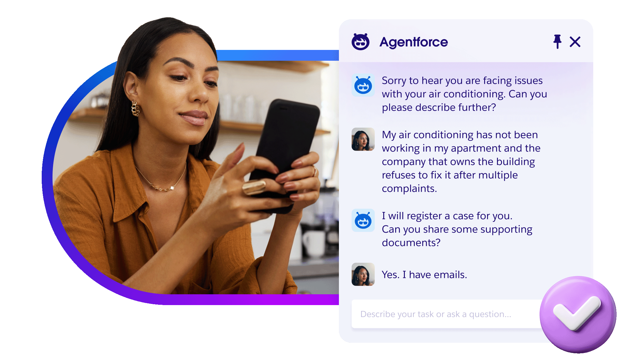 A woman having a conversation with an agent to resolve an issue.