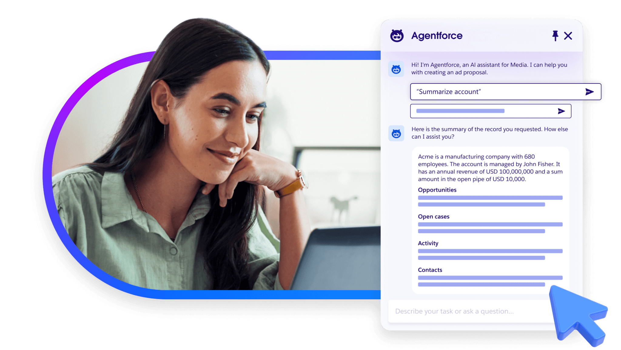 Image of woman smiling next to computer along with example of Agentforce