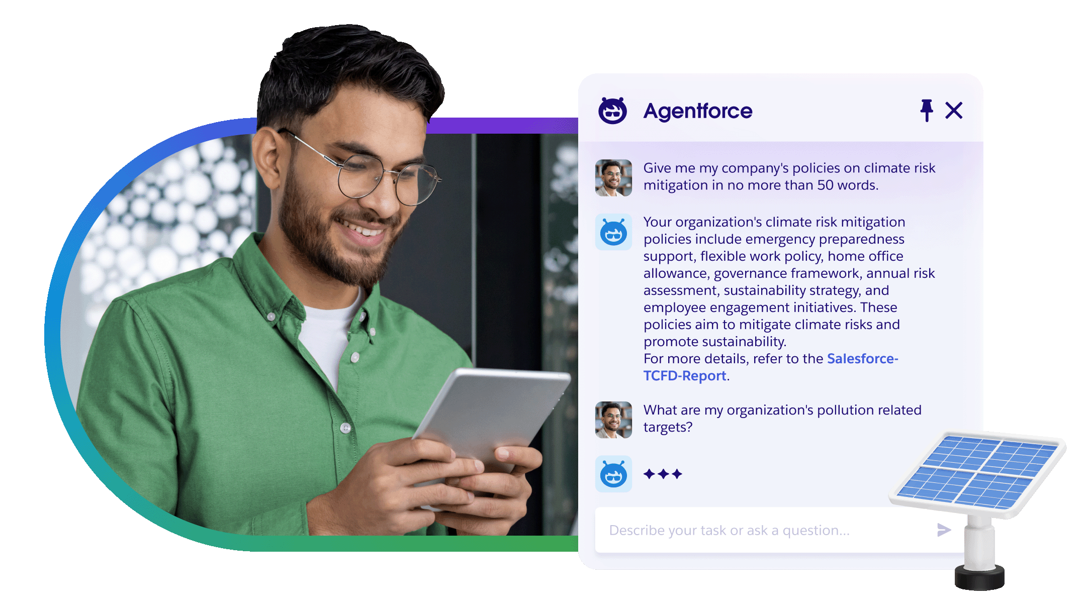 A user having a conversation with Agentforce on climate policy.
