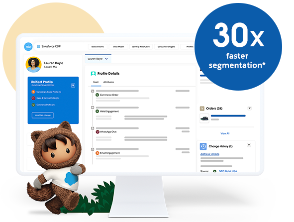 CDPプロファイルと「セグメント化を30倍加速」と書かれた統計が表示されているデバイスの前を通り過ぎるAstro