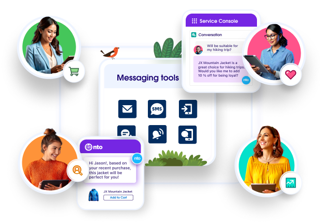 A headshot of a customer in the center with various data sources and Salesforce products connected to them