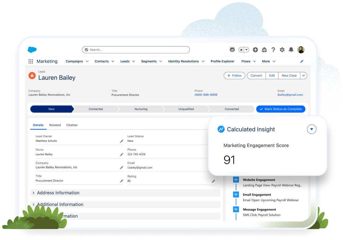 A dashboard showing the customer profile for a lead with a callout of a calculated insight for their personal Marketing Engagement Score.