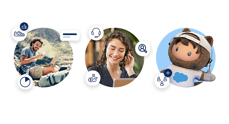 A marketer working remote, a customer service rep, and astro surrounded by various marketing, sales and service icons