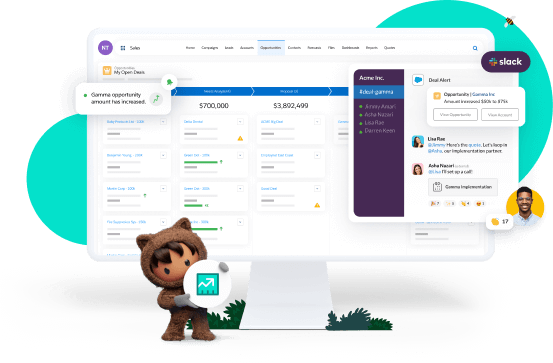 A Sales Cloud console highlighting an open deal, alongside a Slack deal alert informing employees in Slack of the deal.