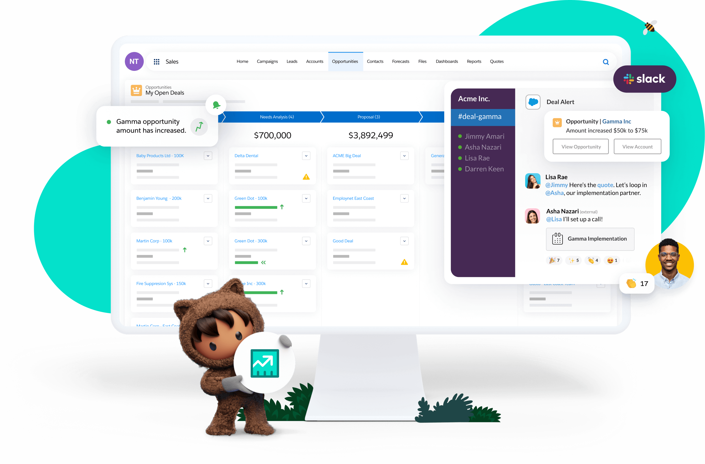 A Sales Cloud console highlighting an open deal, alongside a Slack deal alert informing employees in Slack of the deal.