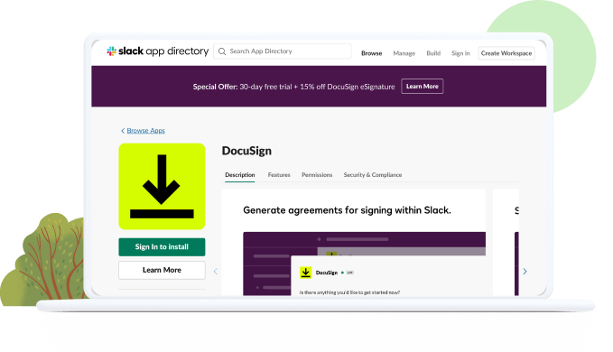 A laptop computer with the screen showing the DocuSign app homepage in the Slack app directory.
