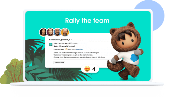 A laptop with a screen titled “Rally the Team” showing a Sales Cloud for Slack app and the creation of a Sales Channel.